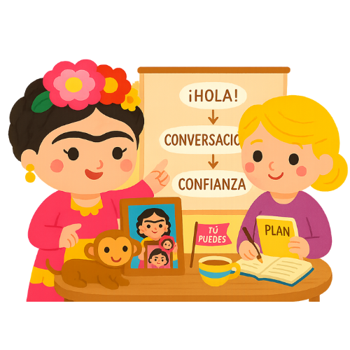 Ilustrace Fridy Kahlo a studentky u tabule pro stránku Jazykový mentoring Španělština.