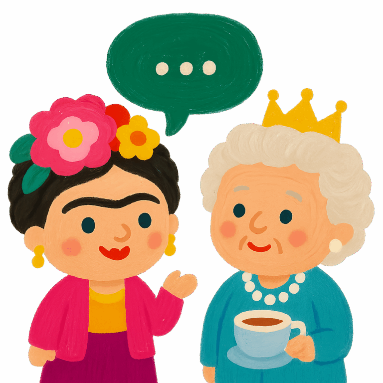 Ilustrace pro stránku Konverzace, kde je Frida Kahlo a královna Alžběta a povídají si