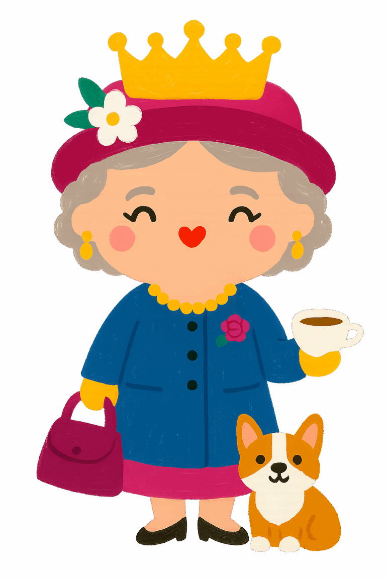 Ilustrace pro stránku IAngličtina s královnou Alžbětou a pejskem