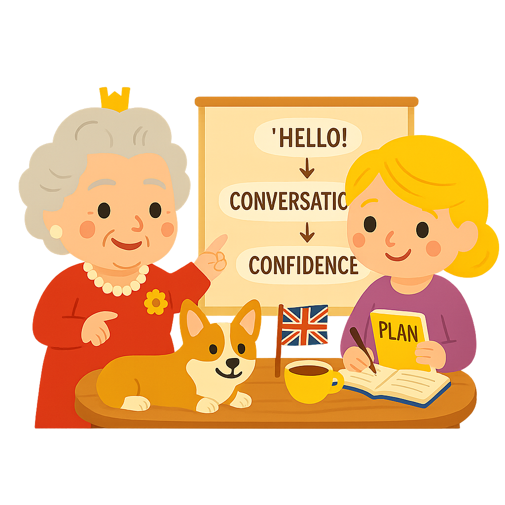 ilustrace královny Alžběty a studenty pro stránku Jazykový mentoring Angličtina