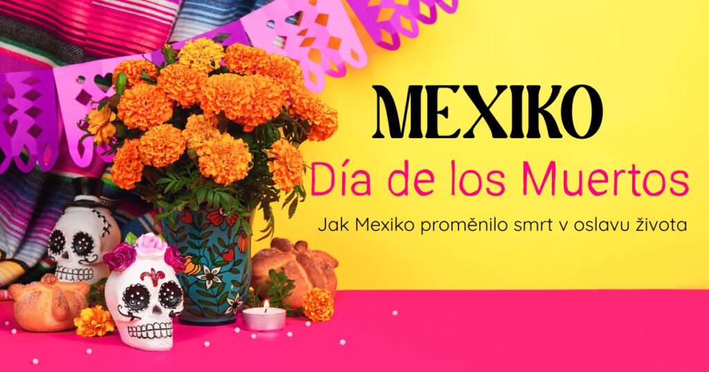 Spanglish s Bárou - Úvodní obrázek k blogovému článku k Día de los Muertos s oranžovými květinami a lebkami