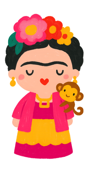 Ilustrace Fridy Kahlo s opičkou pro stránku Španělština - Individuální výuka španělštiny online na Spanglish s Bárou