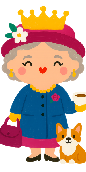 Ilustrace pro stránku individuální výuka angličtiny online s královnou Alžbětou a pejskem pro web Spanglish s Bárou